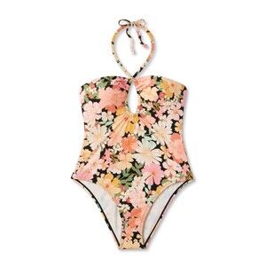 Shade and Shore Halter Keyhole Bandeau One Piece Swimsuit Multi Floral Large